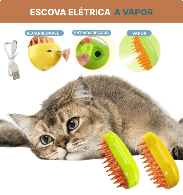 Escova 3 em 1 Para Gatos - Removedor de Pelos, Massagem Limpeza a Vapor | Escova Autolimpante para Pets